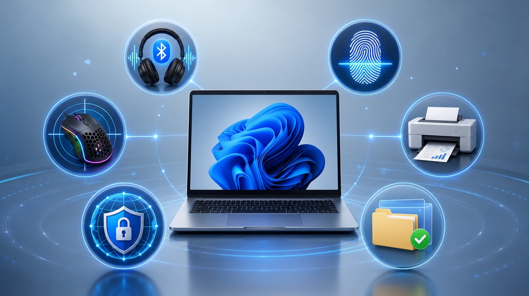 Egy Windows 11-es laptopot ábrázoló illusztráció Bluetooth, ujjlenyomat, játék, nyomtatás, VPN és File Explorer működésével.