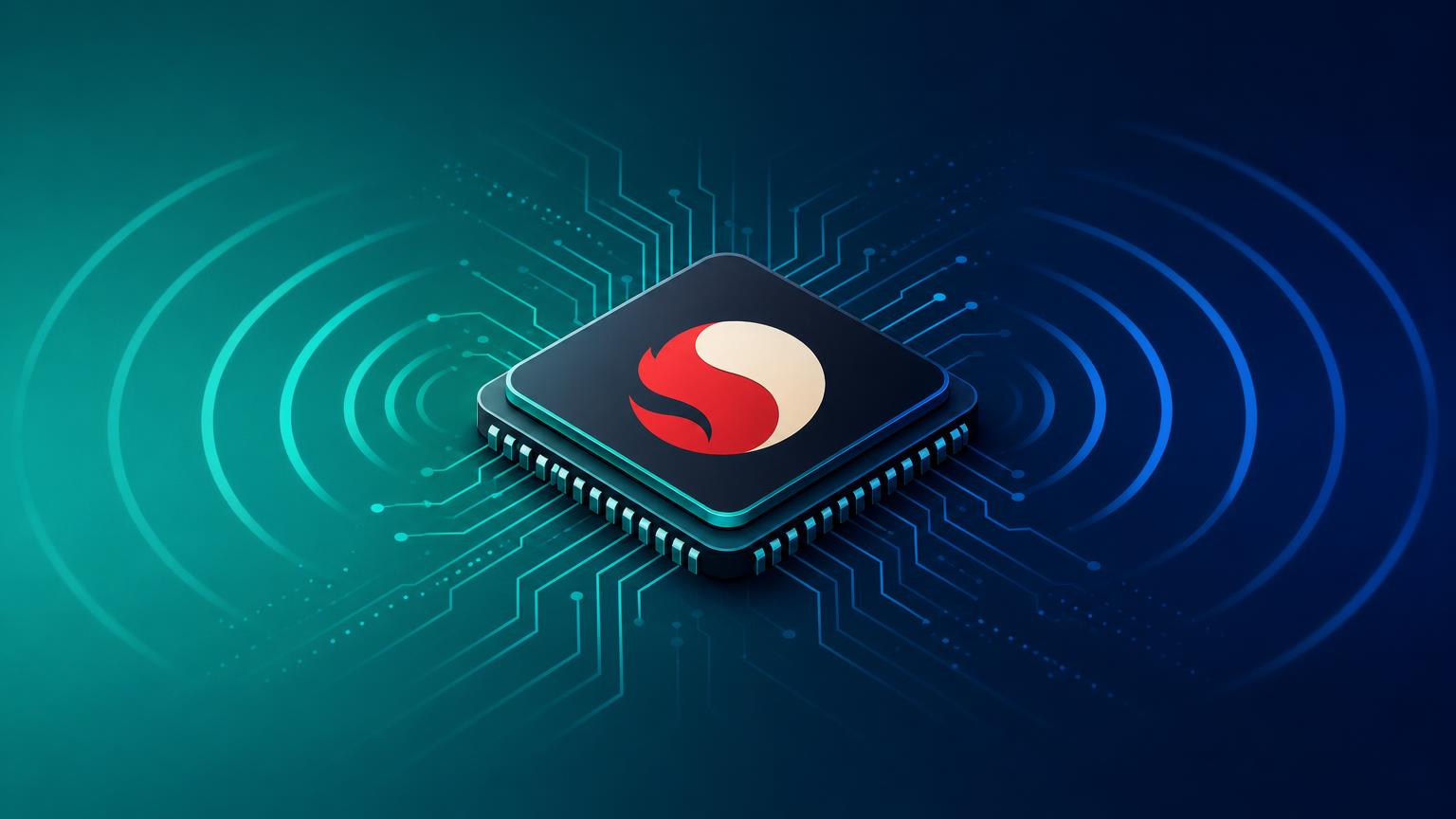 Absztrakt illusztráció egy Snapdragon processzorról, amelyből jelhullámok áradnak ki