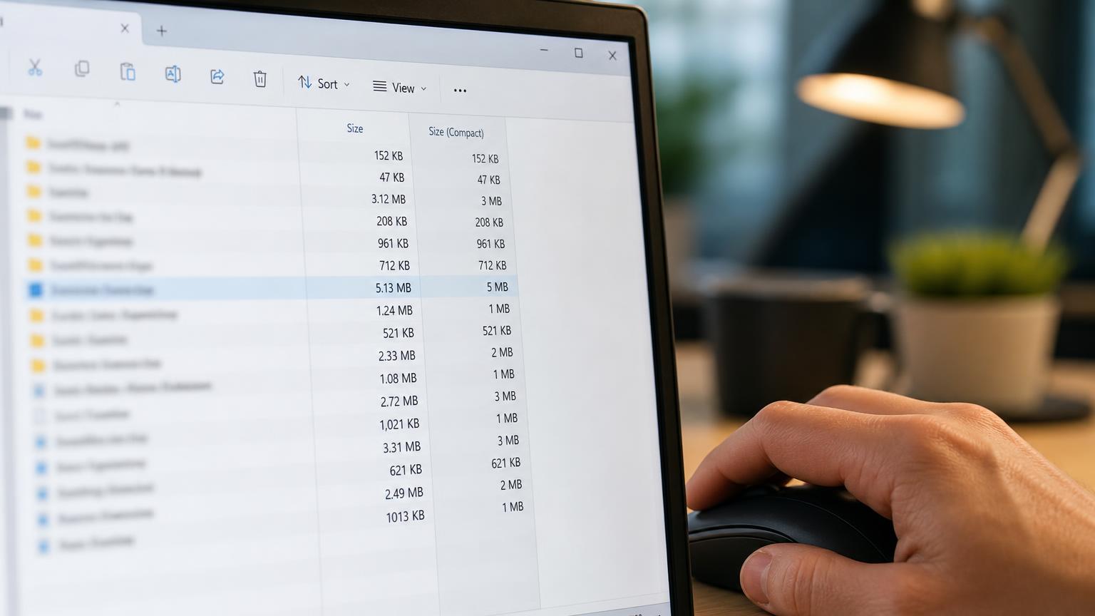 Felhasználó a Windows 11 Fájlkezelő fájlméret oszlopát nézi egy modern, egyszerűsített felületen
