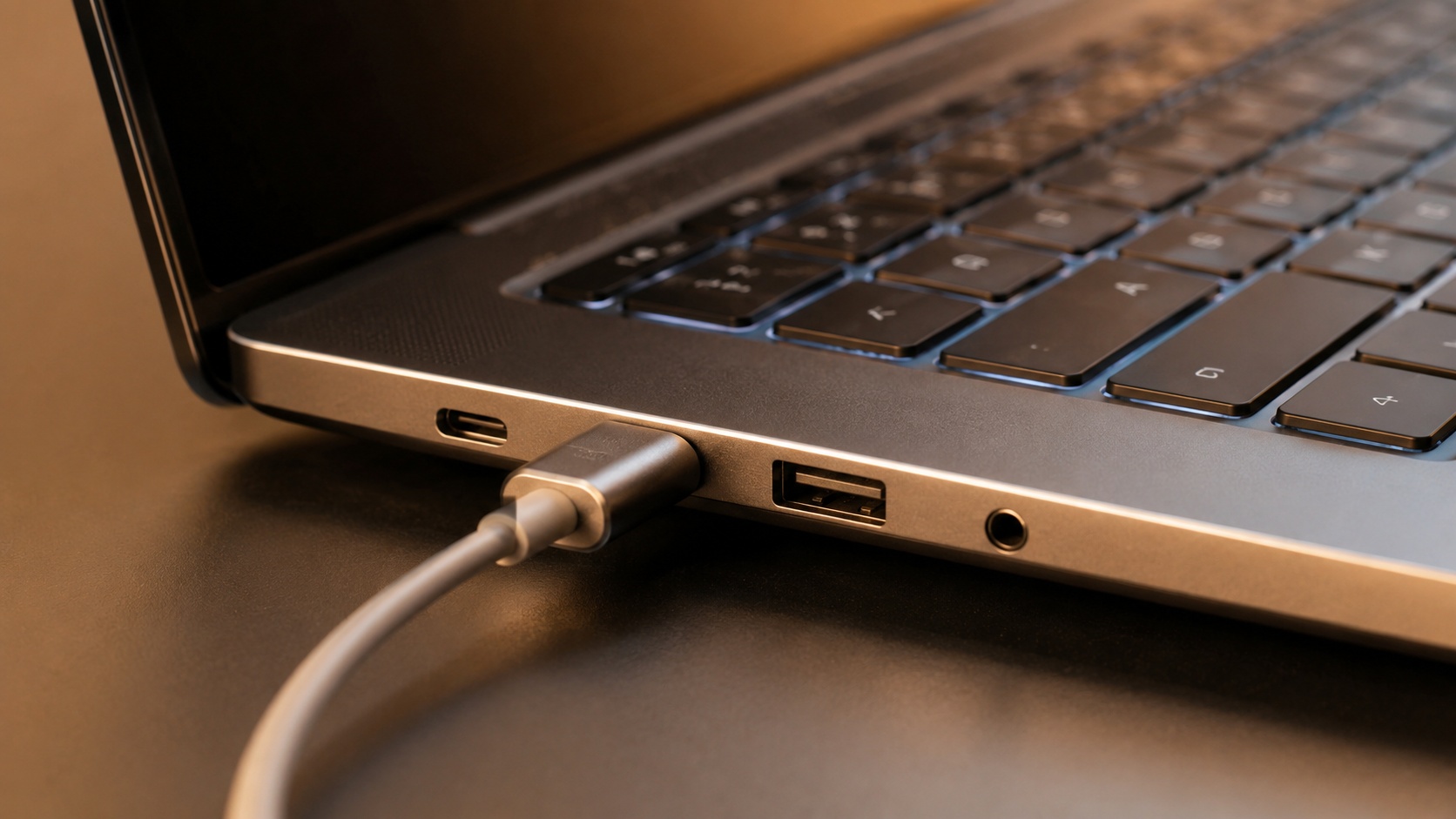 A Samsung Galaxy Book6 laptop nyitva, billentyűzete és csatlakozói közelről