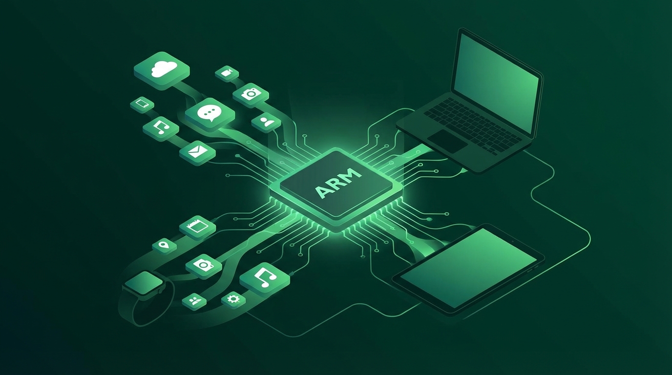 ARM processzor és alkalmazás-ökoszisztéma illusztráció