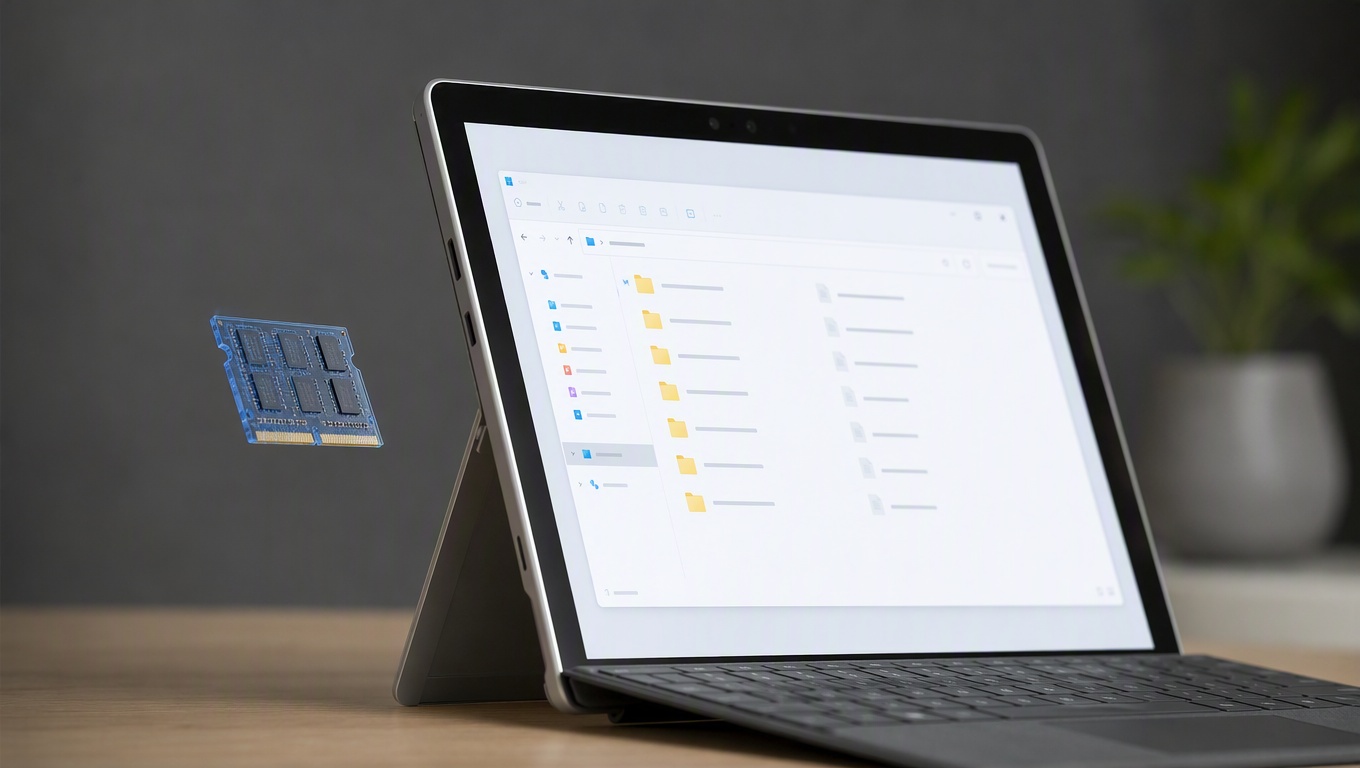 Surface Pro tablet és egy lebegő memória modul illusztrációja a Windows 11 RAM optimalizálás témájában.