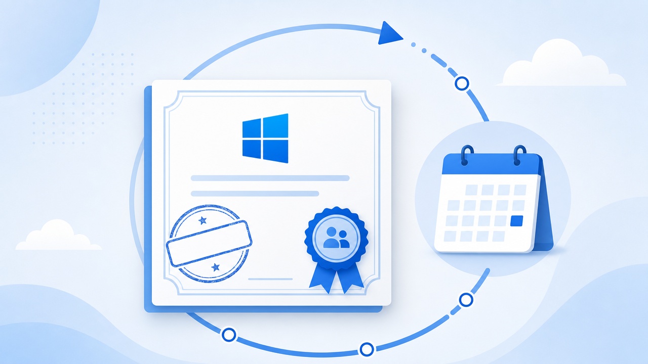 Illusztráció egy megújított Windows Insider tanúsítványról és a frissítési határidőt jelző naptárról