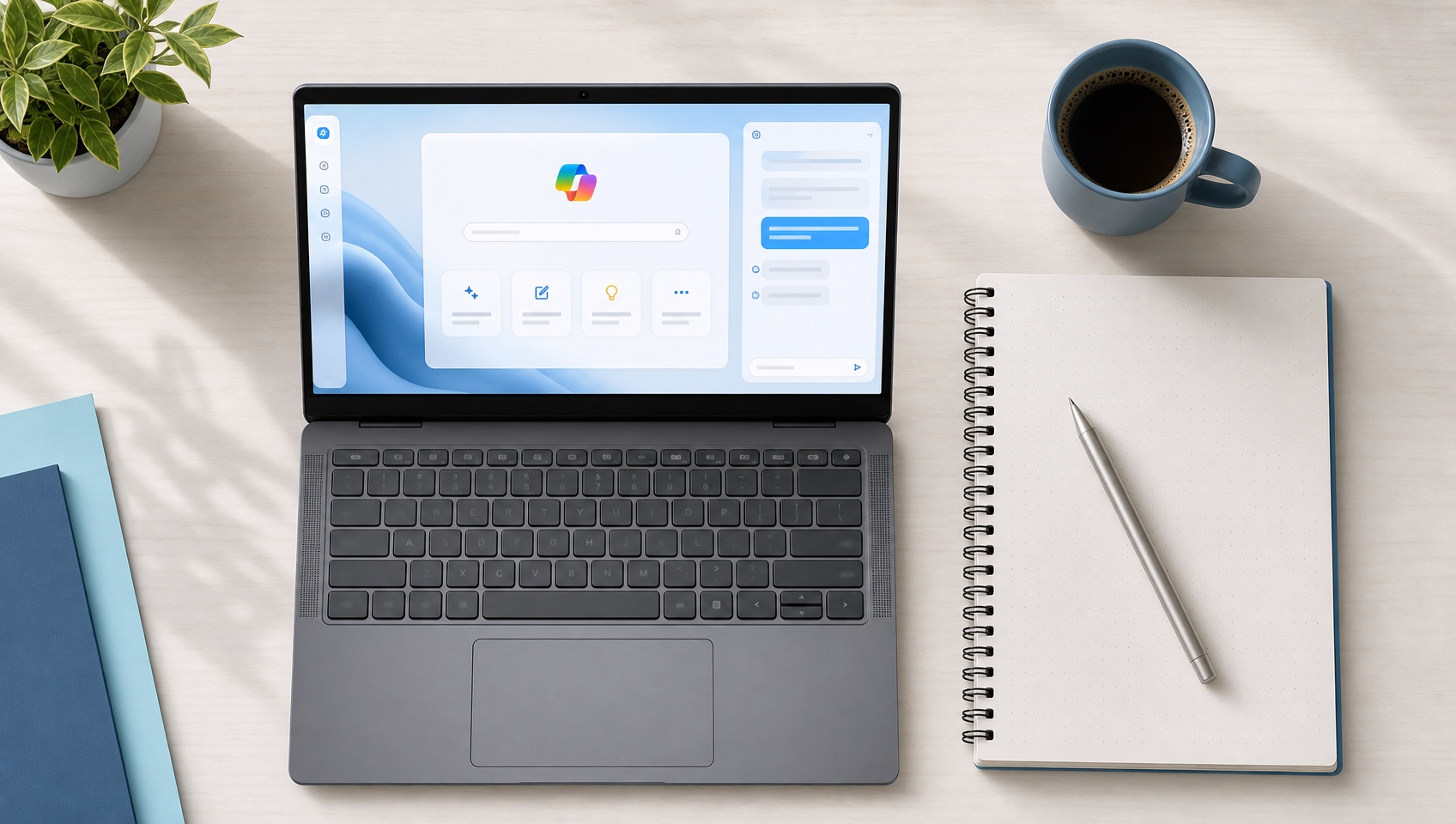 Egy 14 hüvelykes Dell Plus laptop és egy kávéscsésze egy modern irodai asztalon