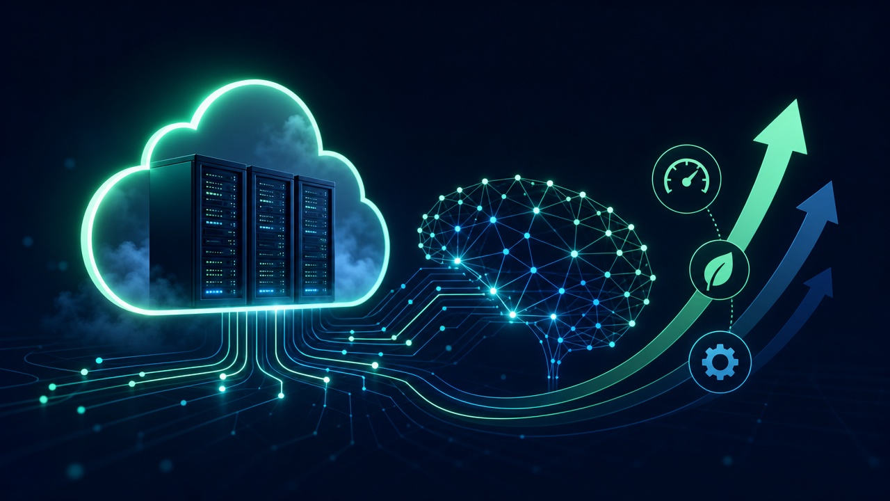 Absztrakt illusztráció az Azure felhőinfrastruktúra és a mesterséges intelligencia összekapcsolódásáról, hatékonyságnövekedést jelző felfelé mutató nyilakkal.